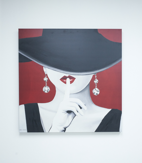 A drown portrait of a women in black dress and hat on the red background